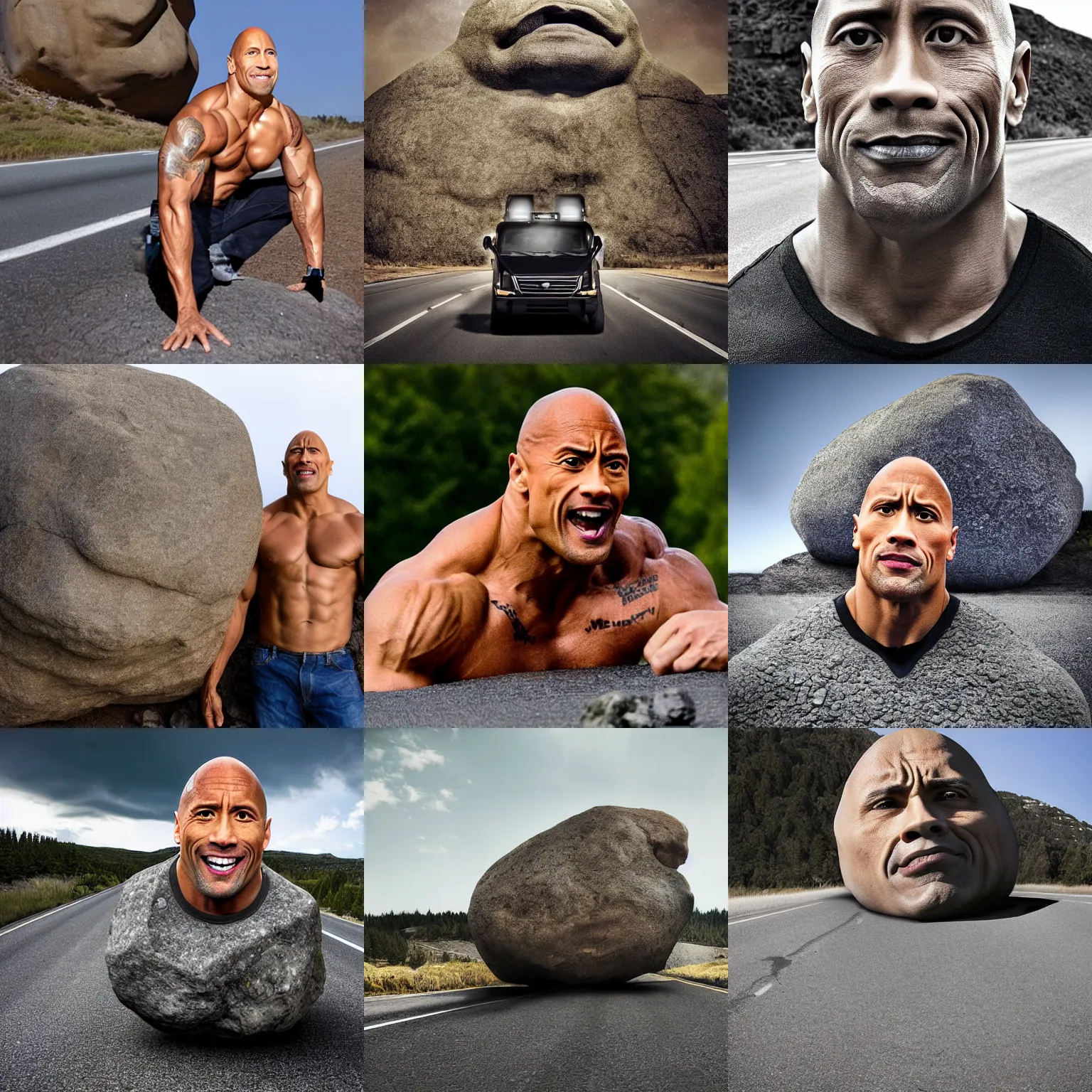 Prompt: Dwayne 'The Rock' Johnson face as a massive boulder in the middle of a road, photograph portrait