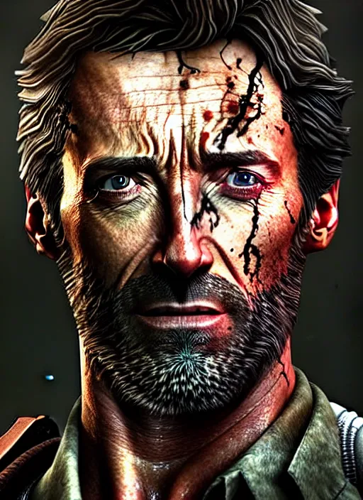 Prompt: hugh jackman as joel from the last of us, character concept art, hyperrealistic, detailed, accurate illustration, dramatic lighting