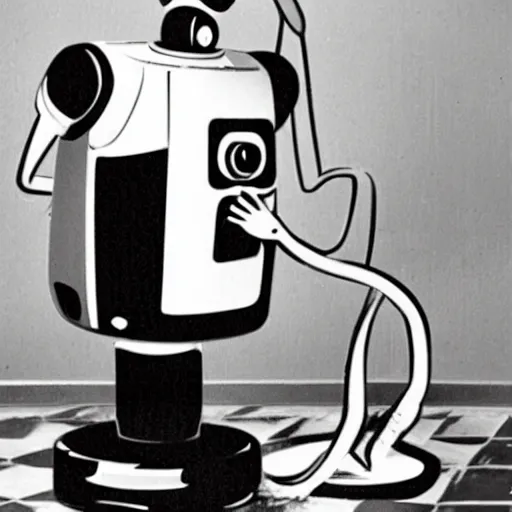 Image similar to fifties robot helps clean the house, domestic android, googie aesthetics