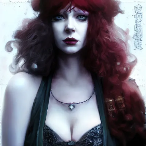 Image similar to christina hendricks goth, tankoban, 4 k, tone mapping, akihiko yoshida, james jean andrei riabovitchev marc simonetti, yoshitaka amano, long hair, curly, h. hydrochaeri