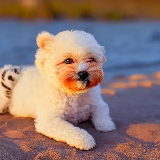 Prompt: a closeup photorealistic photograph of a cute smiling tiger bichon puppy laying out at the beach during sunset. professional capture, well lit shot. this 4 k hd image is trending on artstation, featured on behance, well - rendered, extra crisp, features intricate detail, epic composition and the style of unreal engine.