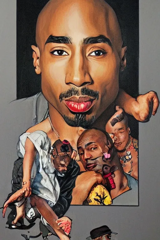 Image similar to Tupac, illustrated in whimsical style, Illustration by Norman Rockwell, loish, oil painting,