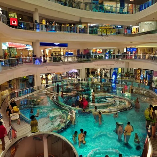 Image similar to photo of inside a shopping mall the inside is flooded with over 1 5 meters of water clear beautiful water, highly detailed.