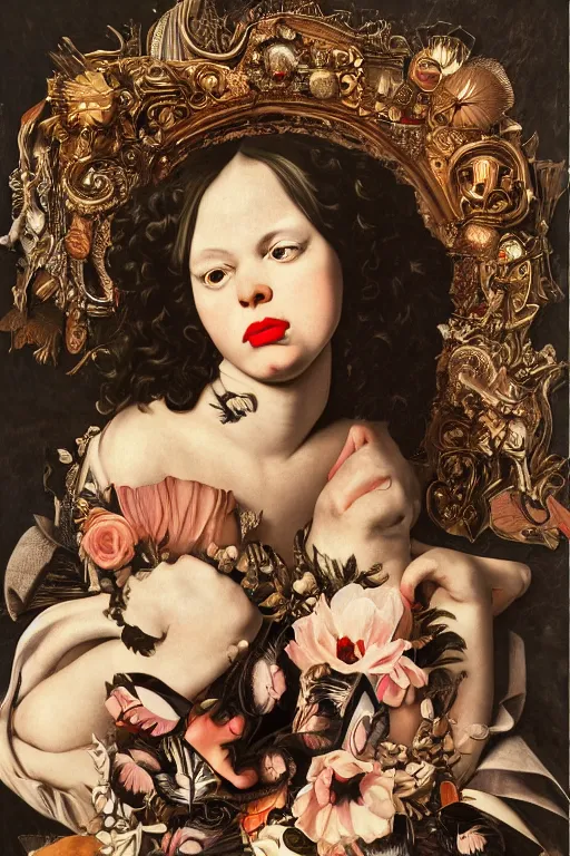 Image similar to Detailed maximalist portrait with large lips and with large, wide eyes, sad expression, extra hands, HD mixed media, 3D collage, highly detailed and intricate, surreal, illustration in the style of Caravaggio, dark art, baroque