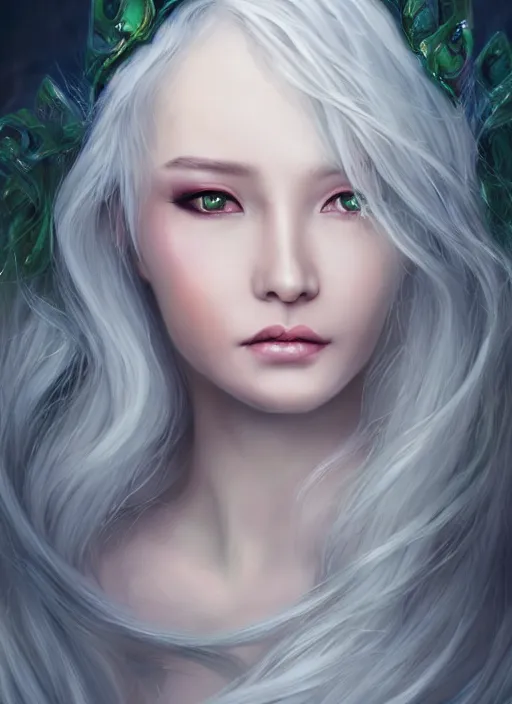 Image similar to a beautiful woman gheisa, 8 k, hyperrealistic, asian hyperdetailed, beautiful face, long white hair, green eyes, dark fantasy, fantasy portrait by laura sava