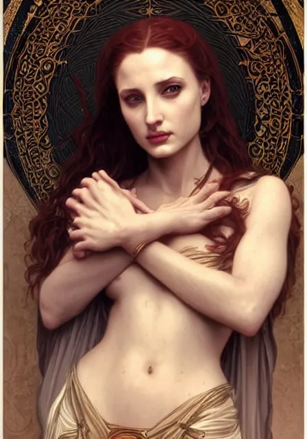 Prompt: sansa angeline jolie gessica chastain mummy goddess of death and blood, intricate, elegant, highly detailed, digital painting, artstation, concept art, smooth, sharp focus, illustration, art by artgerm and greg rutkowski and alphonse mucha and william - adolphe bouguereau