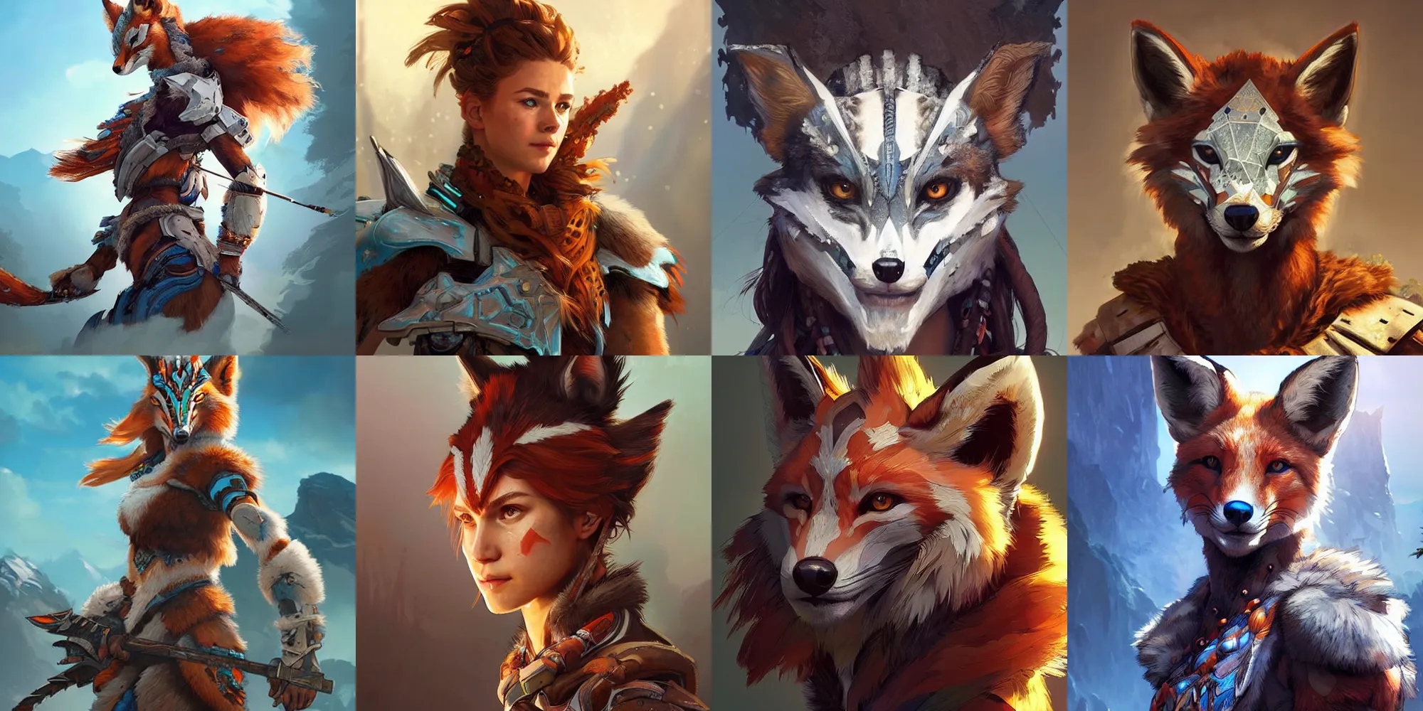 Prompt: Fox from Horizon: Zero Dawn, half body portrait, videogame cover art, highly detailed, digital painting, artstation, concept art, smooth, detailed armor, sharp focus, beautiful face, illustration, art by Artgerm and greg rutkowski and alphonse mucha