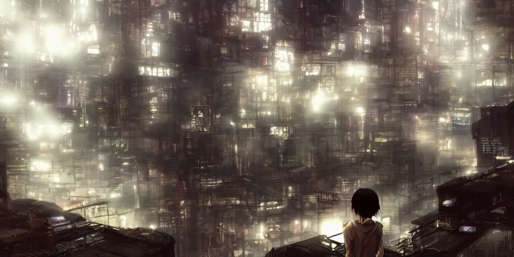 Prompt: wide shot, photorealistic art of lain irakuwa in the clouds above a cyberpunk, punk and steampunk city concept, dynamic lighting, hyper realistic, cinematic, realism