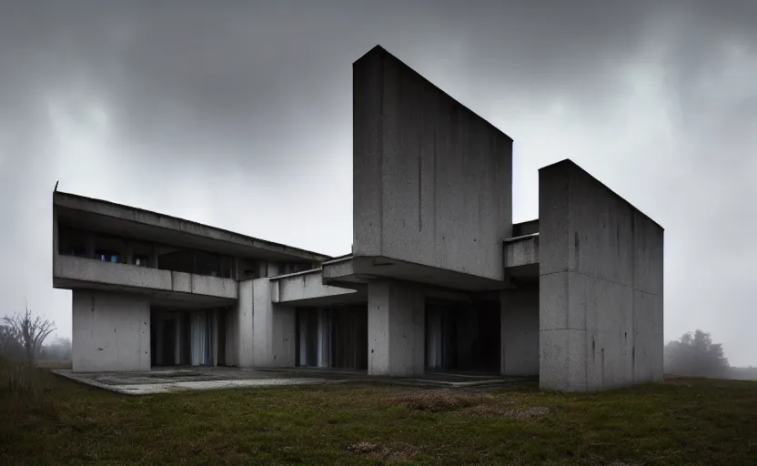 Image similar to a wide angle exterior shot of a brutalist architecture house with rainy and moody cinematic lighting by darek zabrocki and greg ruthkowski, alphonse mucha, simon stalenhag and cinematic and blue cold atmospheric, architectural visualization, archiviz, archdaily, deezen, design milk, archillect concept art, artstation, trending on artstation