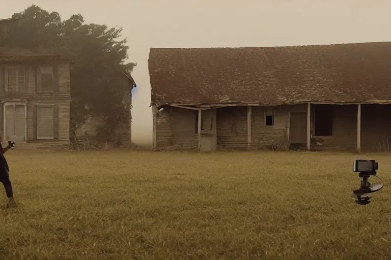 Image similar to a tourist taking a photo of an abandoned farmhouse, cinematic shot, foggy, photo still from movie by denis villeneuve