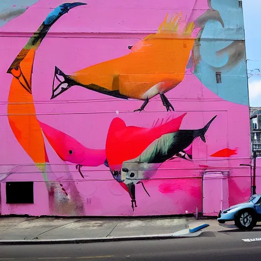 Prompt: a huge mural in pink and orange, showing a miriad of mixing birds and fish, urban Street art by refreshink