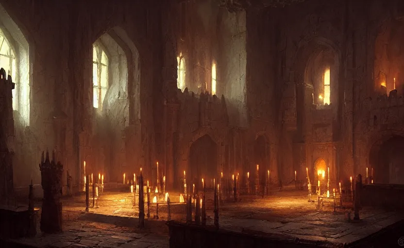 Prompt: painting of an interior medieval castle with candles by Greg Rutkowski and Craig Mullins, Dark cold atmospheric sad and cinematic lighting, Trending on artstation