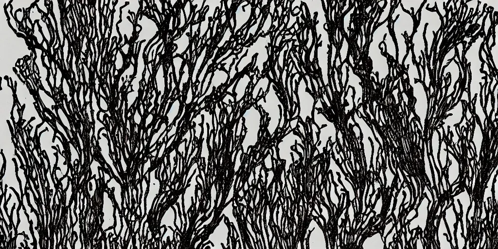 Image similar to bladder wrack and dulse seaweed, decorative design against a grey background, done in Japanese ink style