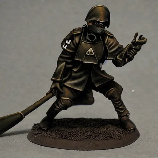 Image similar to an ecstatic Death Korps of Kreig soldier wearing grey and wielding a shovel