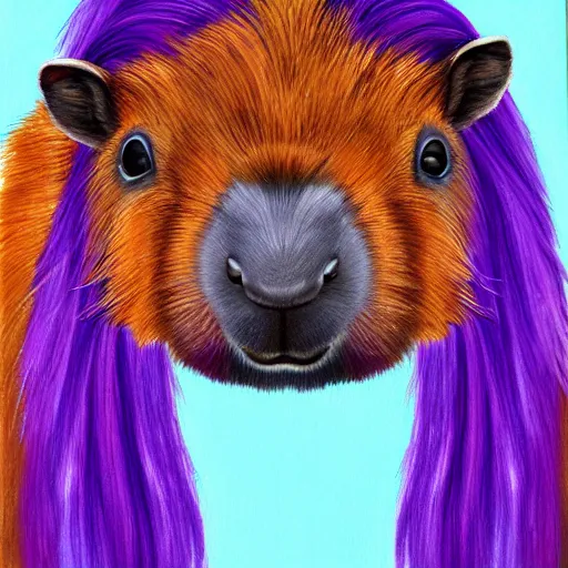 Image similar to painting of a capybara with a purple wig