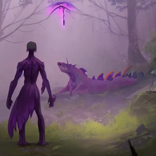 Image similar to concept art painting of an anthropomorphic purple humanoid bipedal dragon, in the deep forest, realistic, detailed, cel shaded, in the style of makoto shinkai and greg rutkowski and james gurney