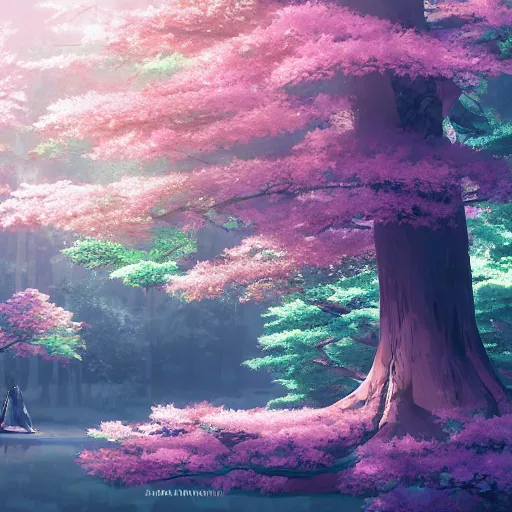 Prompt: a peaceful bonsai forest, bonsai art, anime scene by Makoto Shinkai, digital art, 4k