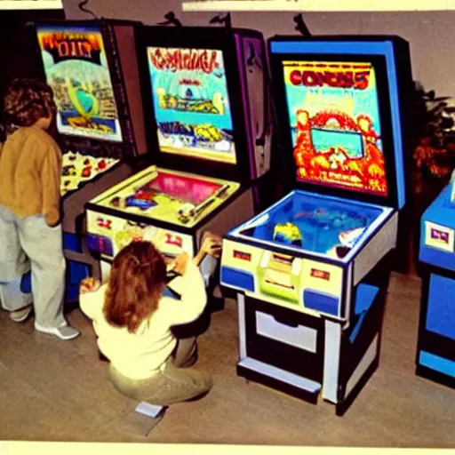 Prompt: geese playing arcade machines, 1 9 8 5