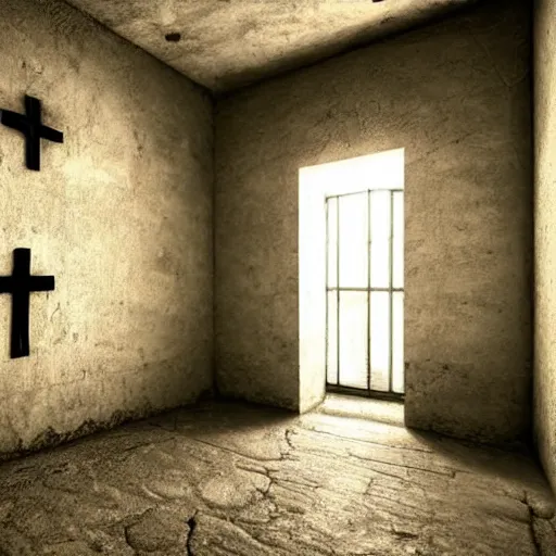 Image similar to interior of a prison cell with an old crucifix of jesus christ on the center of a dirty wall, eerie atmosphere, hyperrealism, realistic