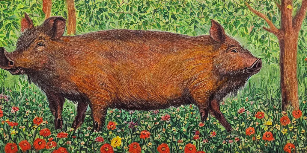 Image similar to Painting of a wild boar in the forest in style of Louis Wain