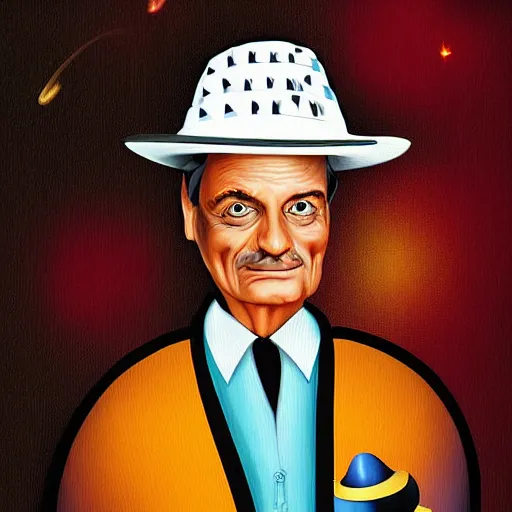 Image similar to hyper futuristic richard feynman with hat and moustache, portrait digital art 4 k masterpiece