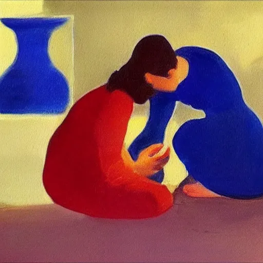 Prompt: A beautiful painting harmony of colors, simple but powerful composition. A scene of peaceful domesticity, with a mother and child in the center, surrounded by a few simple objects. Colors are muted and calming, serenity and calm. deep red, charming, YouTube by Yves Klein vfx, control the soul