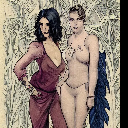 Prompt: modest short - haired tattooed heroic stoic handsome muscular blonde butch tomboy woman engineer in jumpsuit standing beside dark fae feathered modest gothic jennifer connelly in long dress, standing together in a beautiful lush garden at night, in love, highly detailed, trending on art station, illustration, oil painting, mignola, mucha, comic book