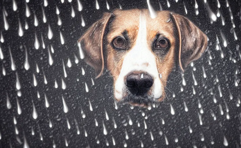 Image similar to a sad dog sitting in rain, detailed face, 8 k