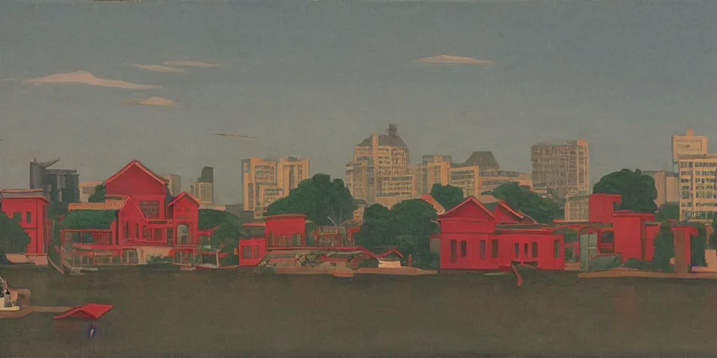 Image similar to In the foreground is a small red house, and in the background is the smoky Oriental Pearl City of Shanghai, George Ault painting style.