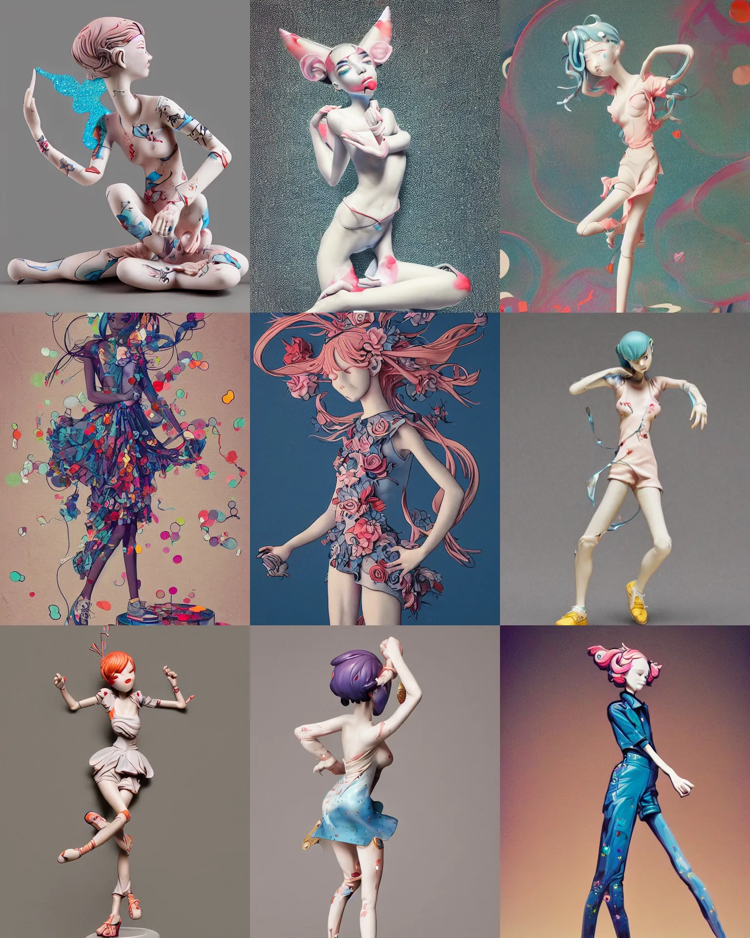 Prompt: james jean isolated vinyl figure cheerful tomboy, expert figure photography, dynamic pose, interesting color palette material effects, glitter accents on figure, anime stylized, accurate fictional proportions, high delicate defined details, ethereal lighting