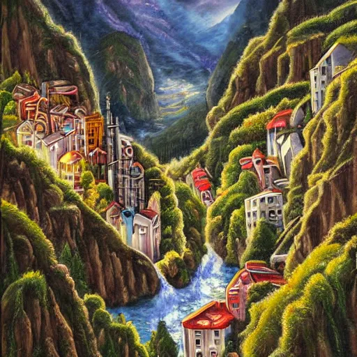 Prompt: fantasy stream punk dense city built into the side of a large mountain. houses and shops line the switchback roads along the mountain side. high quality, realistic oil painting