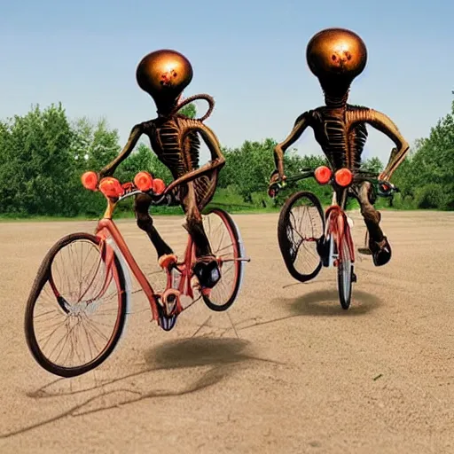 Image similar to The Mars Attacks aliens have a grand old time riding a tandem bicycle through the park.