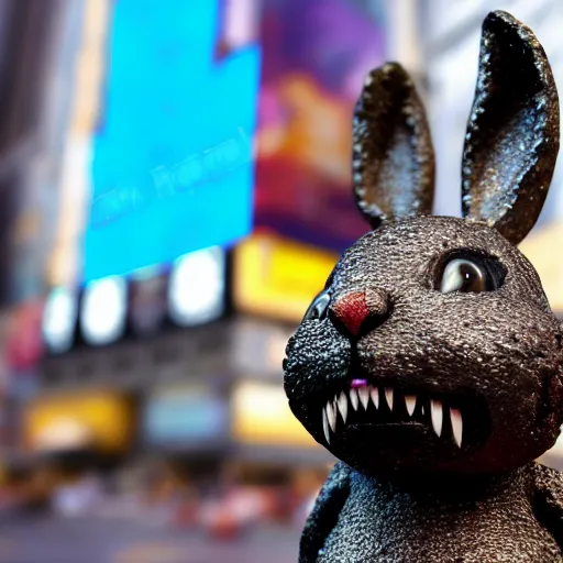 Image similar to a realistic sculpture made out of jelly of a very scary bunny with sharp teeth made by michelangelo, standing in times square, 3 d render, hyper detailed, sharp focus, 8 k resolution