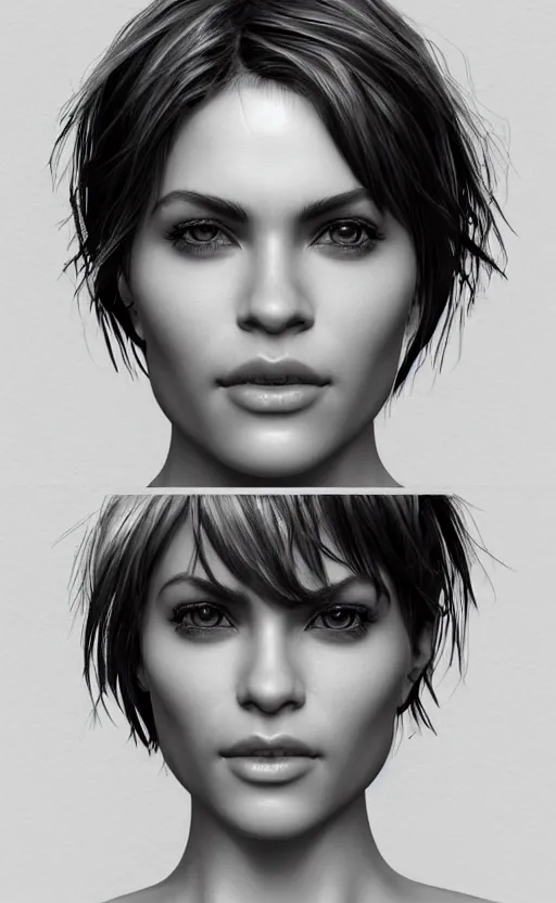 Image similar to up close portrait of a beautiful woman in black and white, photorealistic, pixie cut, intricate hair, rule of thirds, art by diego fazio and diegoKoi and oscar Ukono, concept art, sharp focus, artgerm, 8k highly detailed