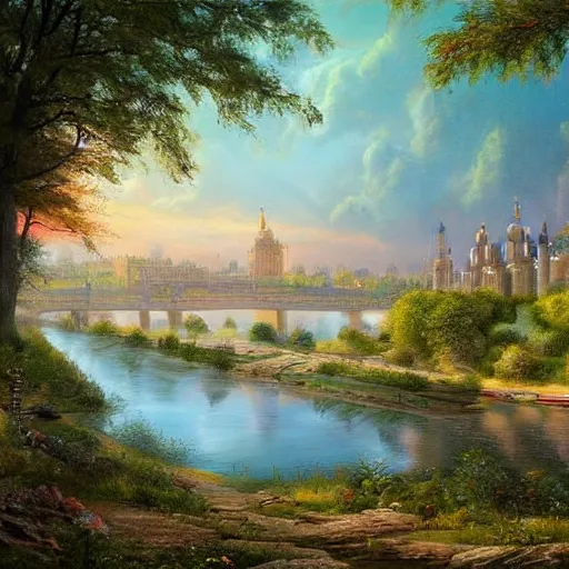 Prompt: a stunning view of the Dniper river in Kyiv, extravagant matte painting, highly detailed oil painting, 8k, devastatingly beautiful atmosphere, elegant cinematic fantasy art, overwhelming depth and detail, magic, vibrant colors, intricate masterpiece