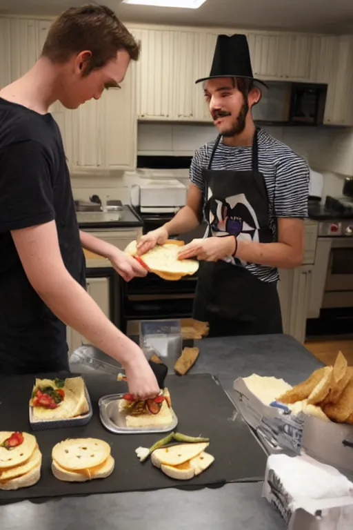 Prompt: a schoolboy in a Guy Fawkes mask v for vendetta makes sandwiches on the kitchen table