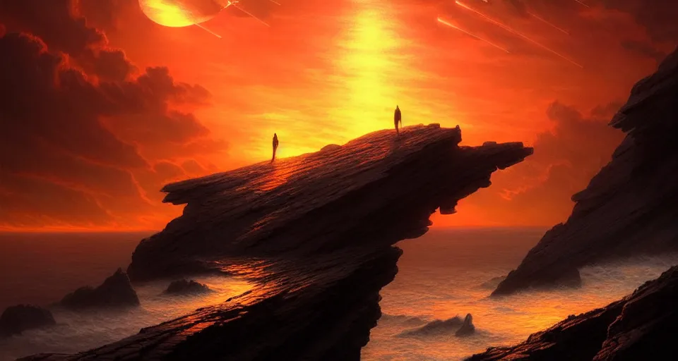 Image similar to tron wings in front surreal sunset, cliffside ocean scene, backlit, aesthetic, diffuse lighting, hyper realistic, elegant, intricate, hyper detailed, smooth, sharp focus, concept art, illustration, trending on artstation, art by artem demura, greg rutkowski, james gurney, and alphonse mucha