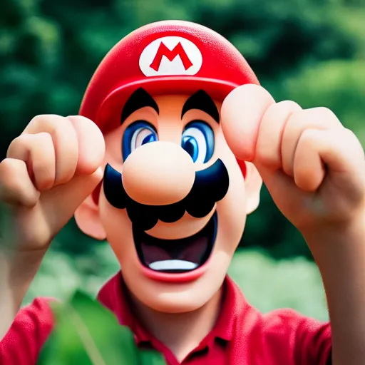 Image similar to photo of real life mario finding a giant mushroom, exhilarated, portrait, closeup. mouth open, 30mm, bokeh