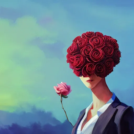 Image similar to closeup, giant rose flower head, frontal, girl in a suit, surreal photography, sunrise, blue sky, dramatic light, impressionist painting, digital painting, artstation, simon stalenhag