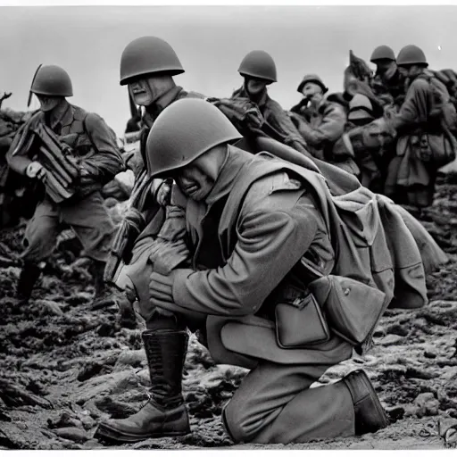 Prompt: wwii, black and white, photography, superheroes and marines on d - day