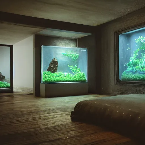 Prompt: a spacious room with freshwater aquariums as walls, hyper realistic, ambient lighting, concept art, intricate, hyper detailed, smooth, dynamic volumetric lighting, octane, raytrace, cinematic, high quality, high resolution, 4 k, cgsociety, rutkowski, gurney