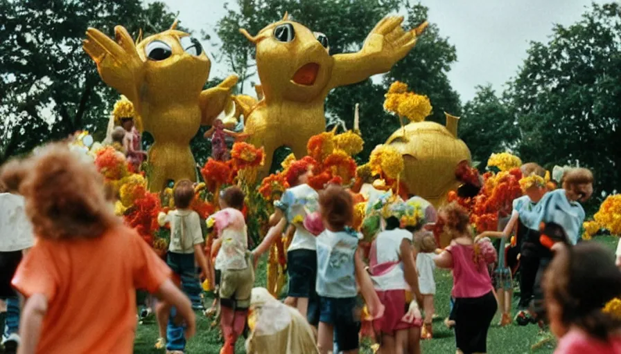 Prompt: 1990s candid photo of a beautiful day at the park, cinematic lighting, cinematic look, golden hour, large personified costumed flower people in the background, Enormous flower people mascots with friendly faces chasing kids, kids talking to flower people that are kinda scary, UHD