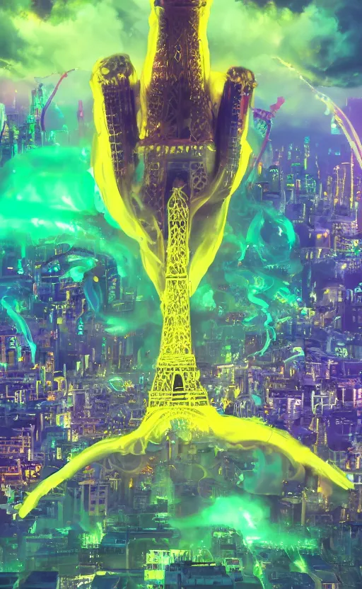 Image similar to giant larva with tentacles attacks and destroys and blows up the eiffel tower in glowing colorful luminous slime, dark foggy streets with white neon signs, running and screaming people, futuristic, dramatic, ultra - realistic, landscape, perspective, hight detailed, no blur, 8 k