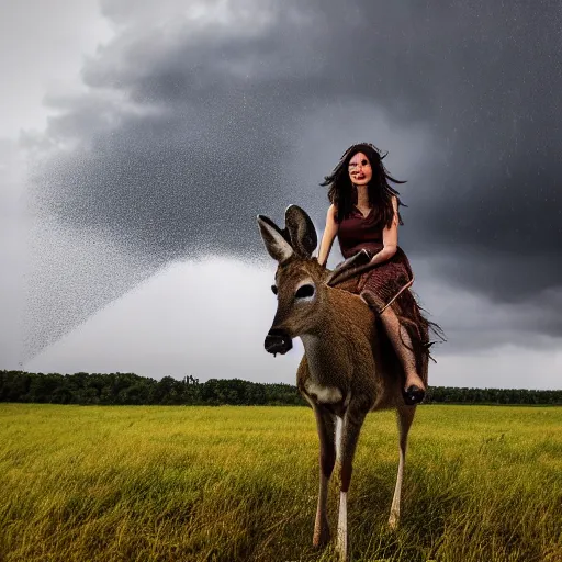 Prompt: 4 k hdr wide angle detailed portrait of a beautiful instagram model woman riding on top of a wild buck deer in a rain shower during a storm with thunder clouds overhead and moody stormy lighting sony a 7