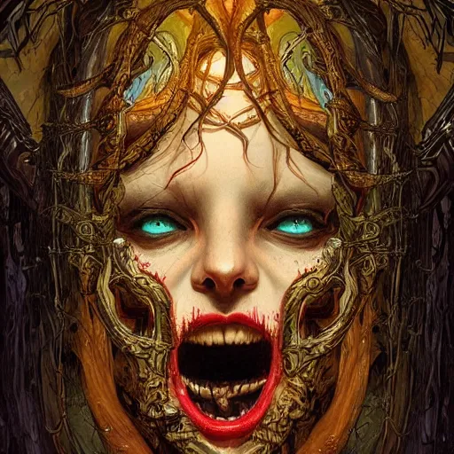 Prompt: a hallway with colored lights at the end, the face of a medusa appears and heads straight for the camera, intricate, highly detailed horror art by kim jung gi and greg rutkowski