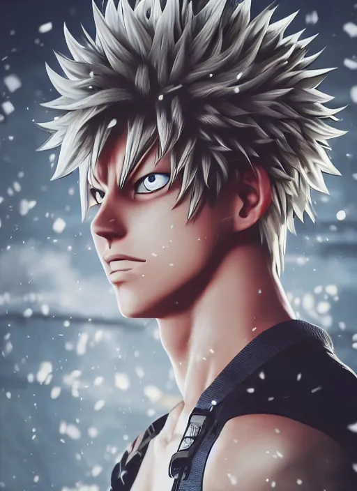 Image similar to Realistic Bakugou from my hero academia, hyper realism, dark atmosphere, cinematic shot, intricate, ornate, photorealistic, ultra detailed, realistic, 100mm, photography, octane, high definition, depth of field, bokeh, 8k, artstation