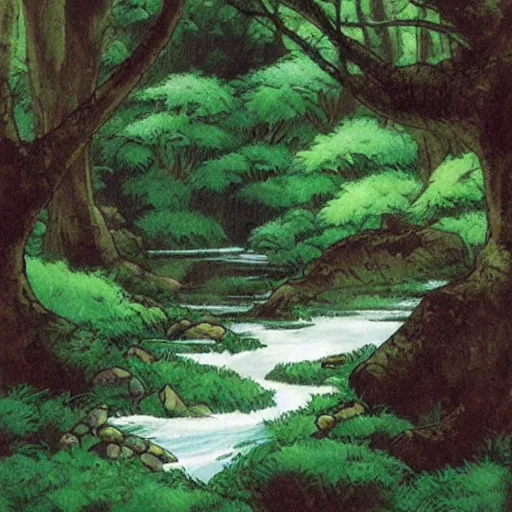 Prompt: a stream running through a lush forest, ghibli