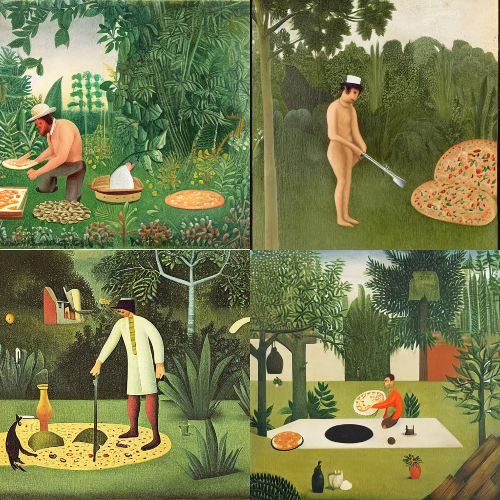 Prompt: A man baking Pizza in his garden in the style of Henri Rousseau