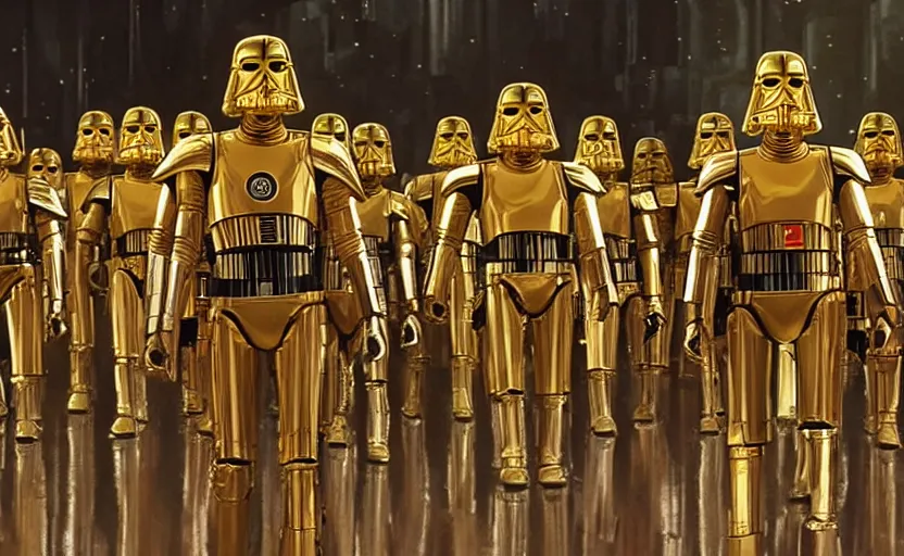 Image similar to screenshot portrait of Luke Skywalker with a fleet of a dozen chrome C-3P0 droids, iconic scene from 1980s film by Stanley Kubrick, 4k, cinematic still frame, surreal sci fi architecture, portrait photoreal, detailed face, moody lighting, stunning cinematography, hyper detailed, sharp, anamorphic lenses, kodak color film stock