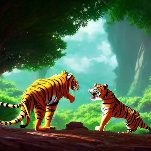 Image similar to a wholesome animation key shot of a tiger fighting a lion, studio ghibli, pixar and disney animation, sharp, rendered in unreal engine 5, anime key art by greg rutkowski, bloom, dramatic lighting